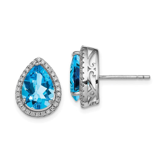 Sterling Silver Rhodium Polished Blue Topaz & CZ Earrings