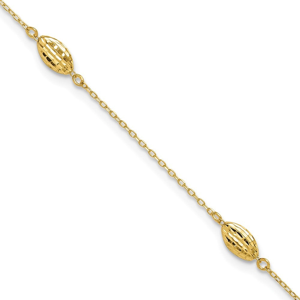 14k Yellow Gold Diamond-cut Rice Puff Beads 4-Station 10" Anklet