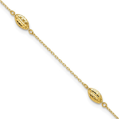 14k Yellow Gold Diamond-cut Rice Puff Beads 4-Station 10" Anklet
