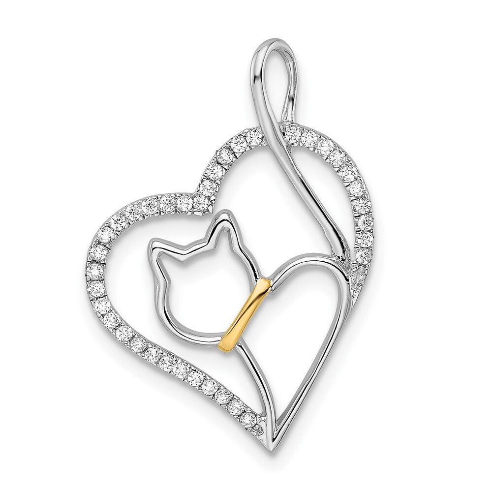 Sterling Silver Rhodium-plated Gold-tone Cubic Zirconia Cat in Heart Pendant