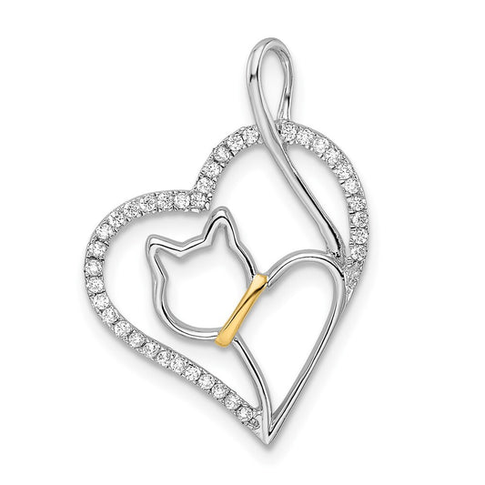 Sterling Silver Rhodium-plated Gold-tone Cubic Zirconia Cat in Heart Pendant