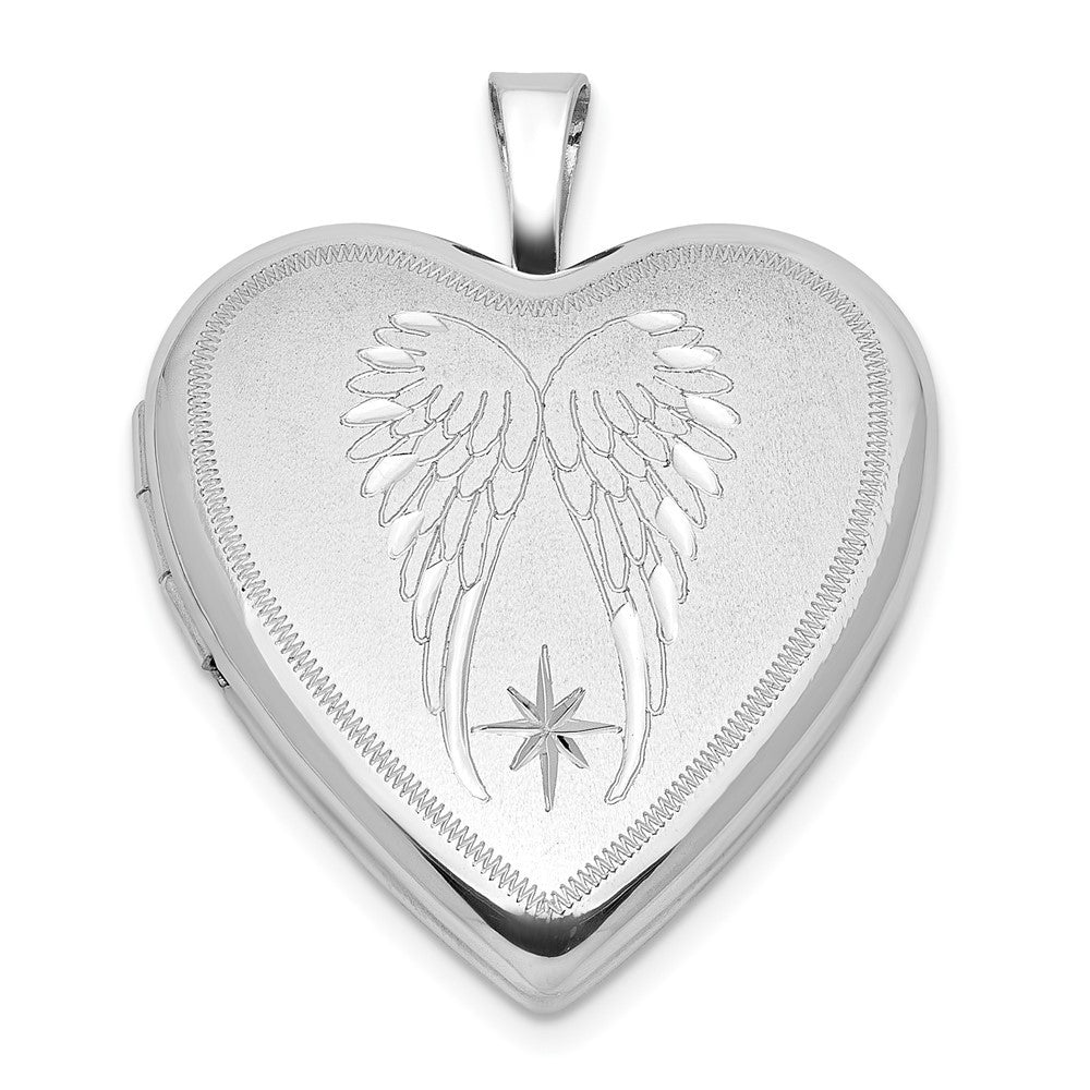 Sterling Silver RH-plated Satin Polished Angel Wings 20mm Heart Locket