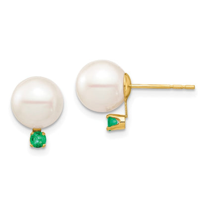 14k Yellow Gold 8-8.5mm Freshwater Cultured Pearl & Emerald Earrings