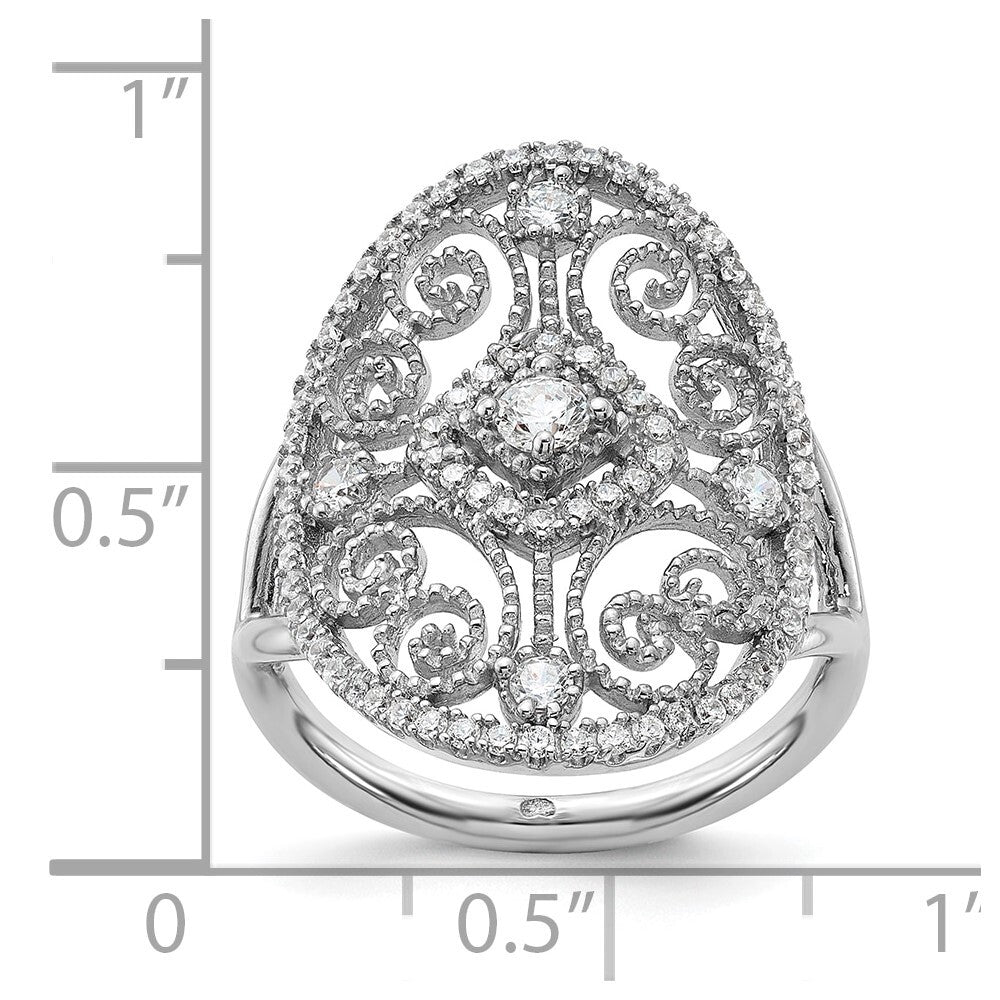 Sterling Silver Rhodium-plated Cubic Zirconia Filigree Oval Ring Size 7
