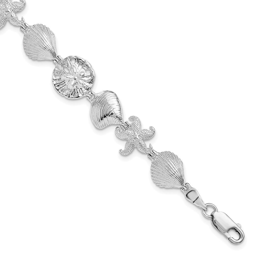 Sterling Silver Rhodium-Plated Polished Starfish / Shells / Sand Dollar Bracelet