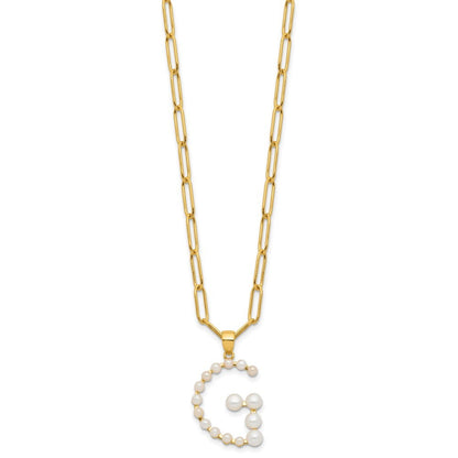 Sterling Silver 3-5.5mm White Button Cultured Pearl LETTER G Necklace 18"