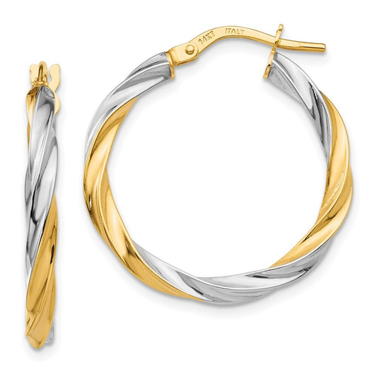 14k Yellow Gold & Rhodium Twisted Hoop Earrings Gift for Women