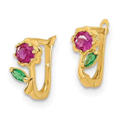 14k Yellow Gold Polished Red & Green Cubic Zirconia Flower Hoops Gift for Women
