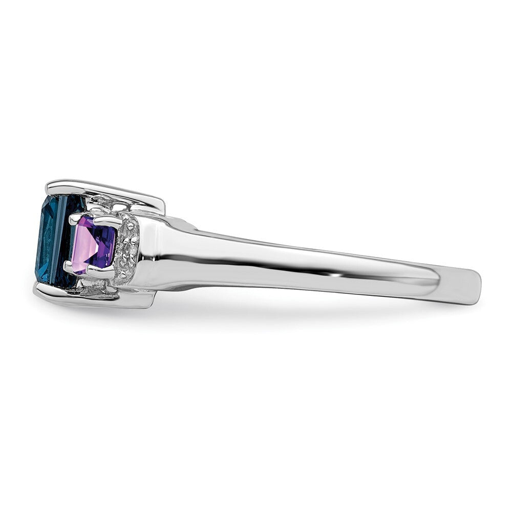 Sterling Silver Rhodium London Blue Topaz, Amethyst & Diamond Ring Size 7