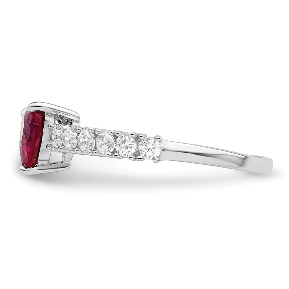Sterling Silver Polished Rhodium-plated Created Ruby and CZ Heart Ring Size 6