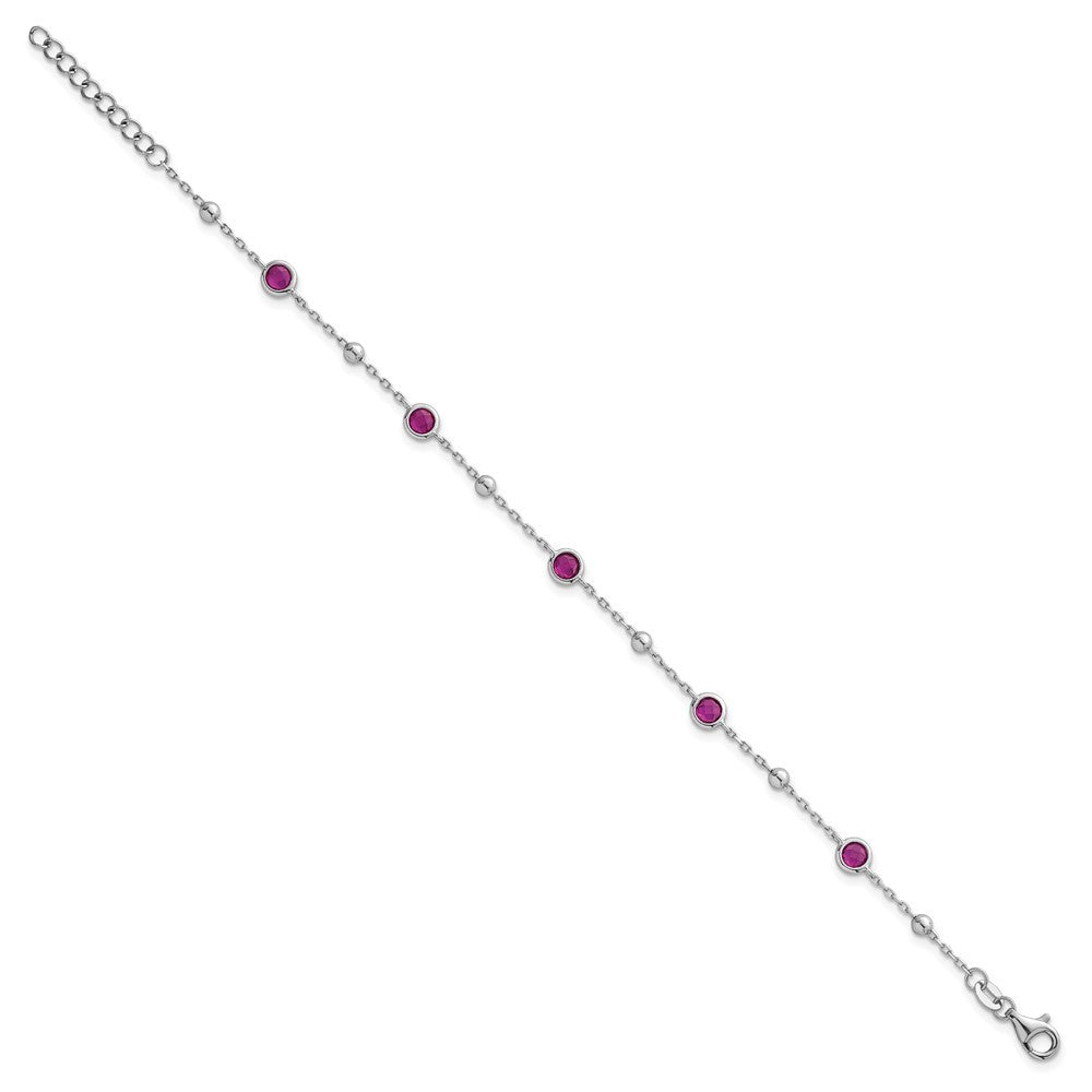 Sterling Silver and Beaded Bezel-set Round Red CZ 7" with 1" Ext Bracelet