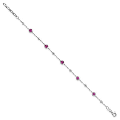Sterling Silver and Beaded Bezel-set Round Red CZ 7" with 1" Ext Bracelet