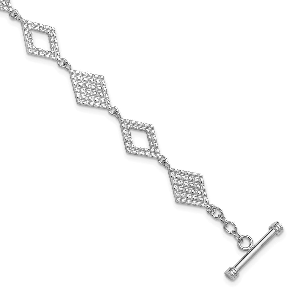 Sterling Silver Rhodium-plated  Diamond-Shape Textured 7.5" Toggle Bracelet