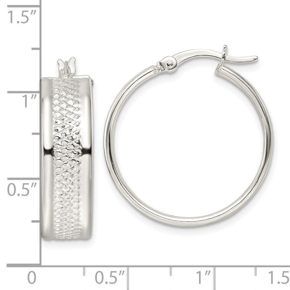 Sterling Silver Polished Textured 7.5x25mm Hoop Earrings