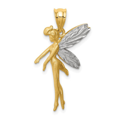 14k Yellow Gold and White Rhodium Diamond-Cut Fairy Pendant for Women