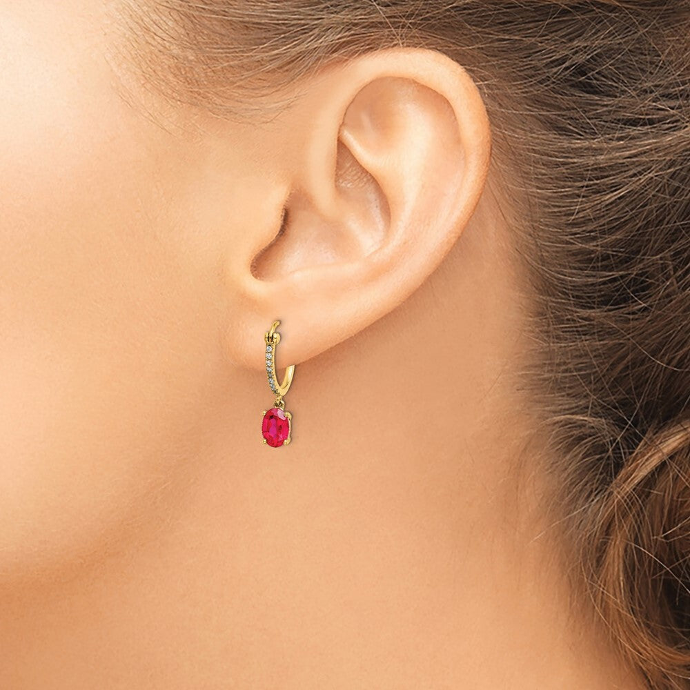 14k Yellow Gold 1/10ct Diamond and Ruby Dangle Hoop Earrings