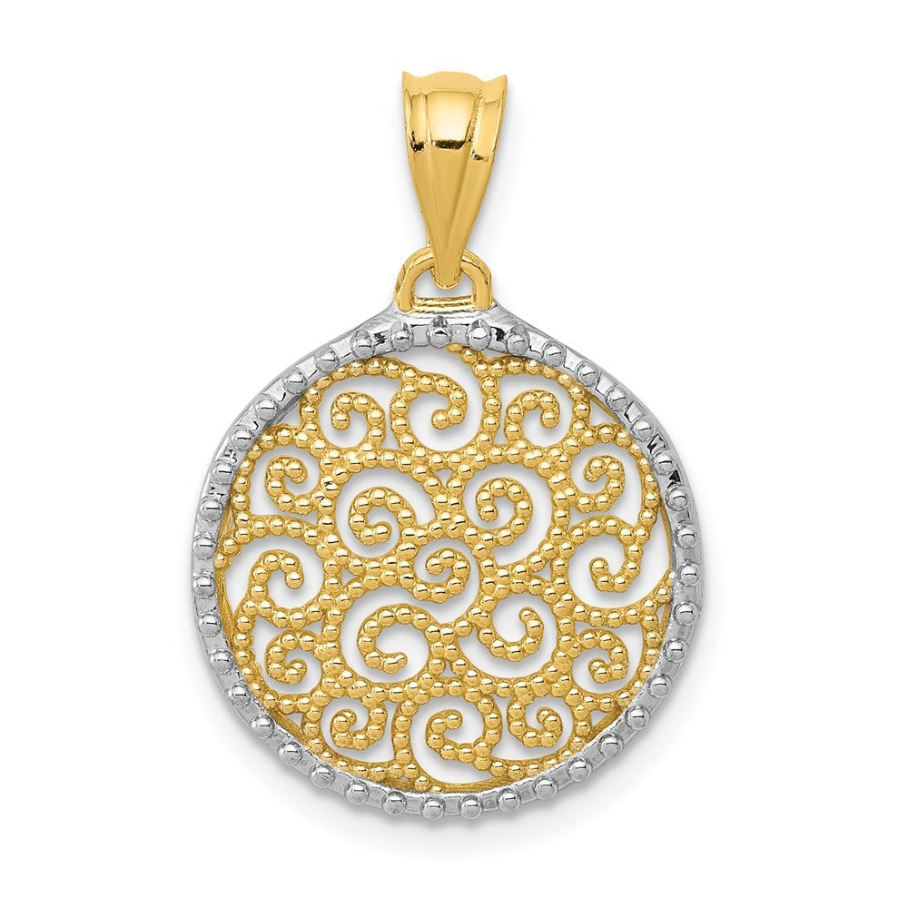 14k Yellow Gold and White Rhodium Filigree Circle Pendant