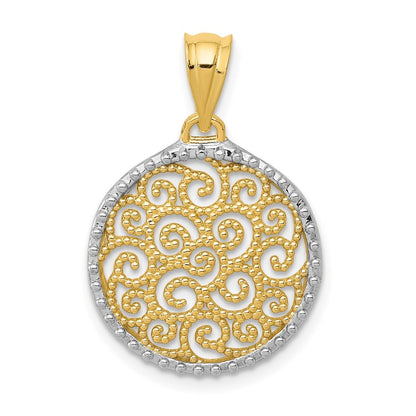 14k Yellow Gold and White Rhodium Filigree Circle Pendant