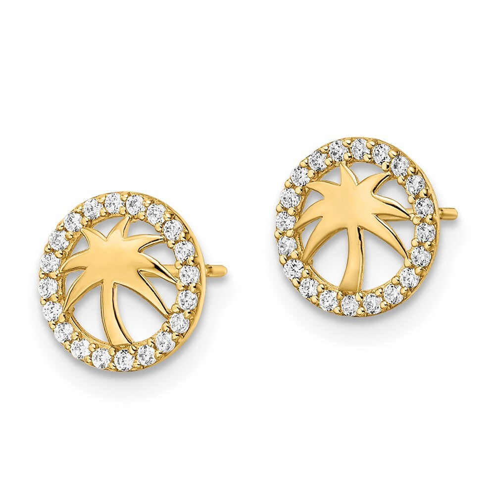 14k Yellow Gold Cubic Zirconia Palm Tree Stud Earrings Gift for Women