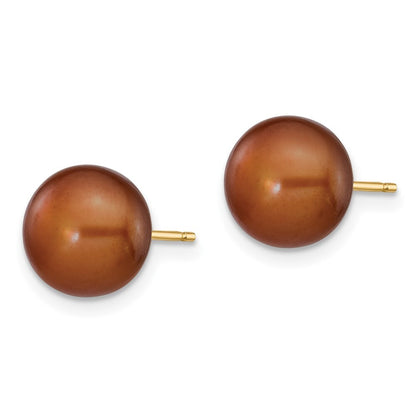 14k Yellow Gold 8-9mm Brown Button Freshwater Cultured Pearl Stud Earrings