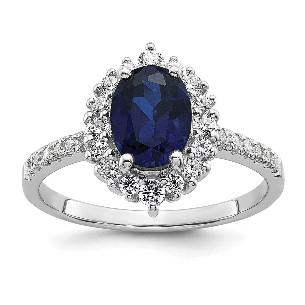 Sterling Silver Lab Created Sapphire and CZ Oval Halo Size 6 Ring