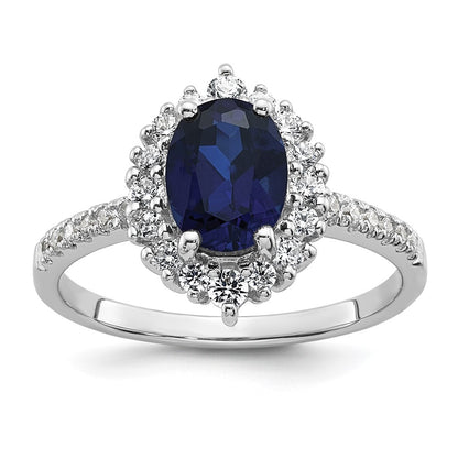 Sterling Silver Lab Created Sapphire and CZ Oval Halo Size 6 Ring