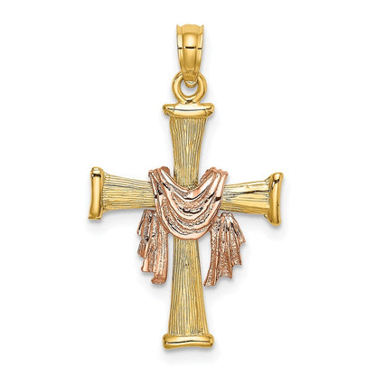 14k Two-tone Gold 14l Two-Tone Textured Finish Cross  Drape Charm Pendant