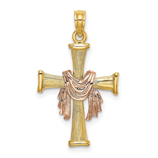 14k Two-tone Gold 14l Two-Tone Textured Finish Cross  Drape Charm Pendant