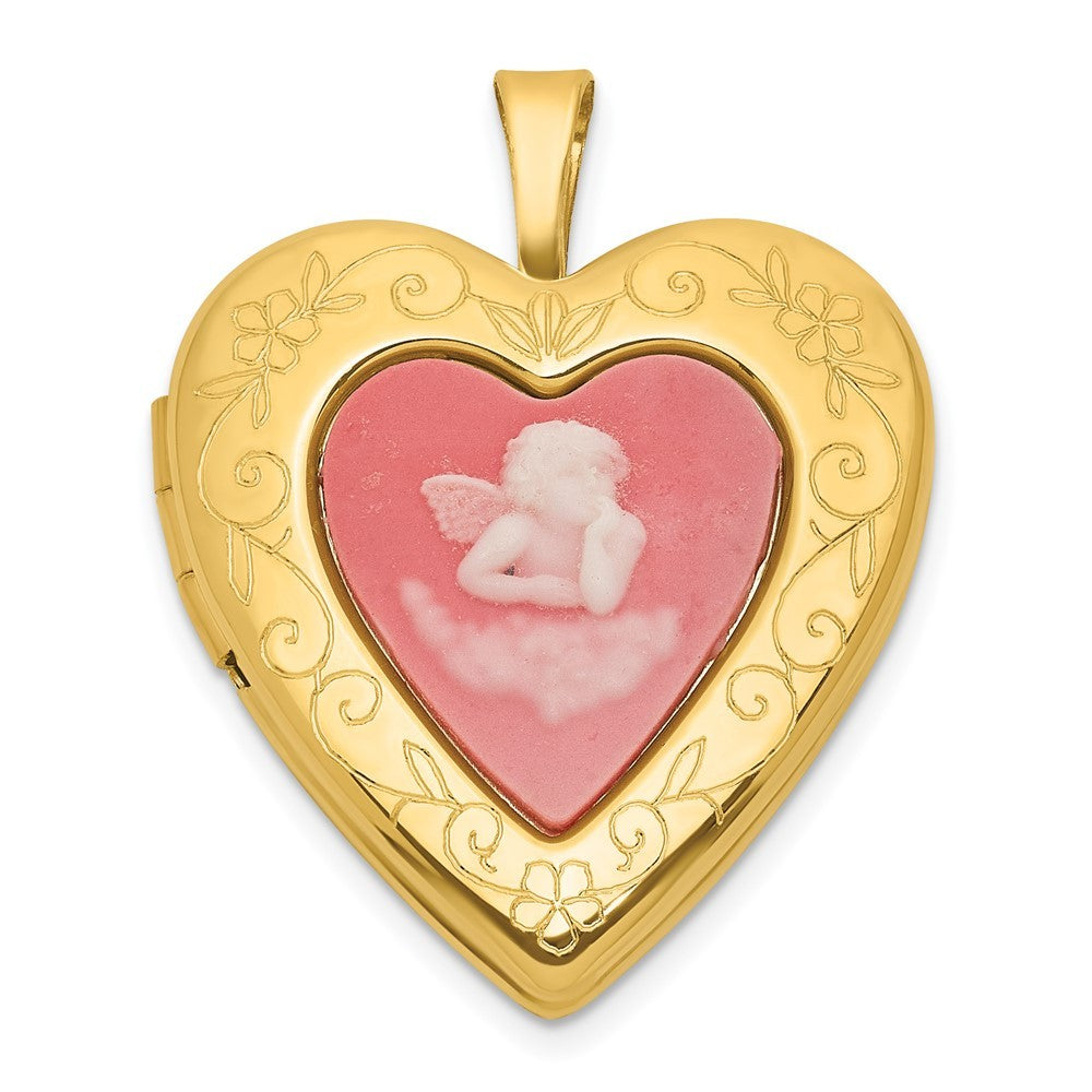 Sterling Silver Front/Brushed Back Pink Angel Resin Cameo 20mm Heart Locket
