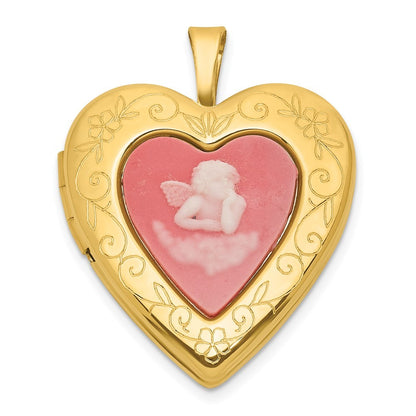 Sterling Silver Front/Brushed Back Pink Angel Resin Cameo 20mm Heart Locket