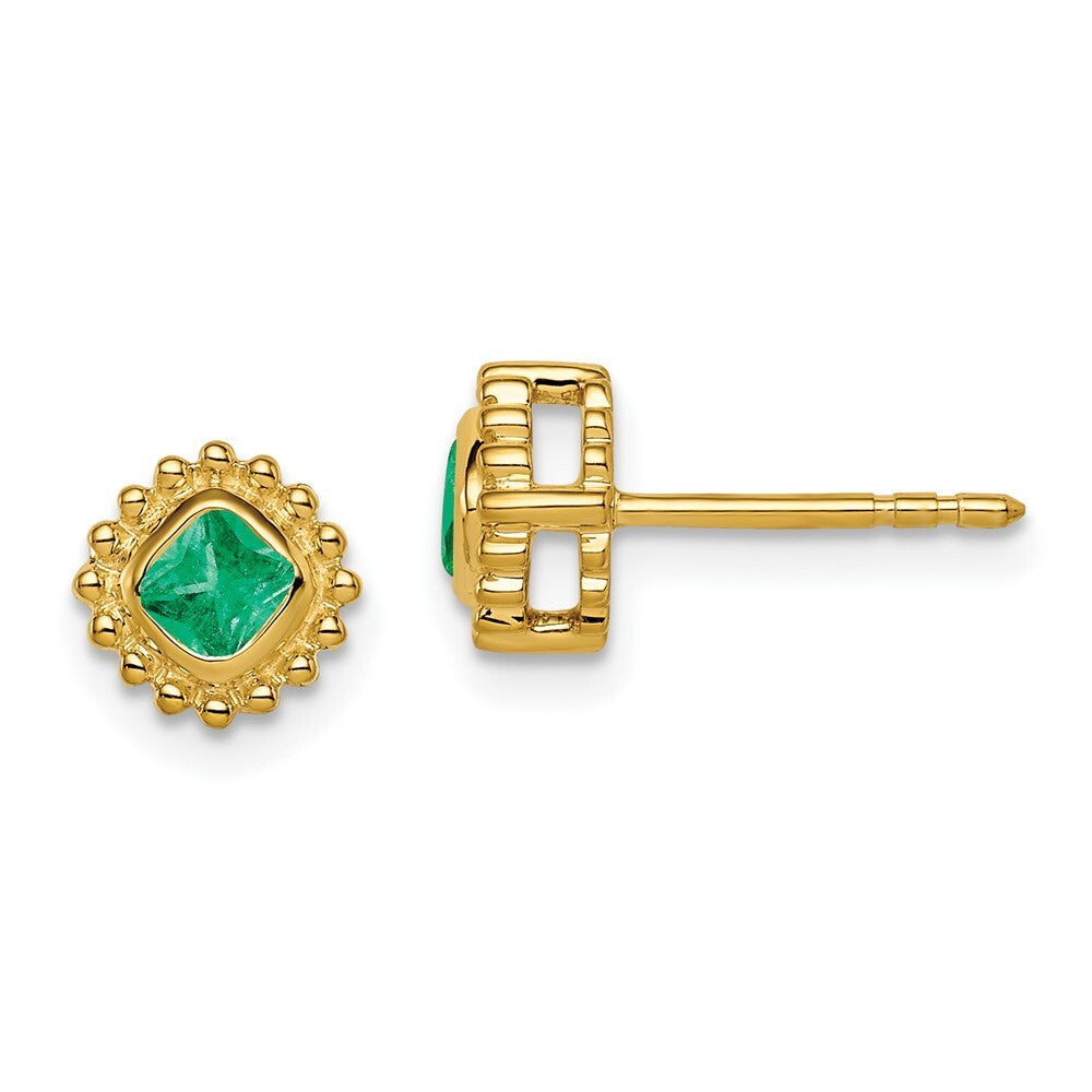 14k Yellow Gold Cushion Emerald Stud Earrings
