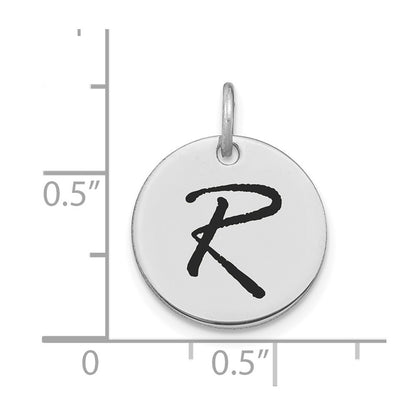 14K White Polished Black Enamel Letter R Initial Disk Charm
