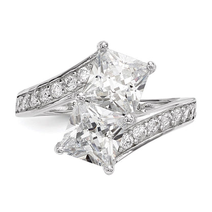 Sterling Silver Rhodium-plated Cubic Zirconia Two Stone Square Bypass Ring SZ 7
