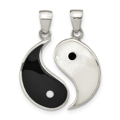 Sterling Silver Rhod-pltd MOP Black Resin Yin Yang 2 Piece Pendant