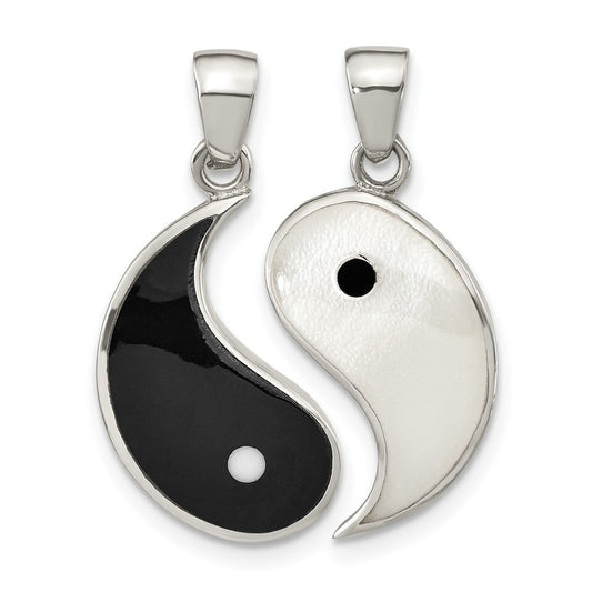 Sterling Silver Rhod-pltd MOP Black Resin Yin Yang 2 Piece Pendant