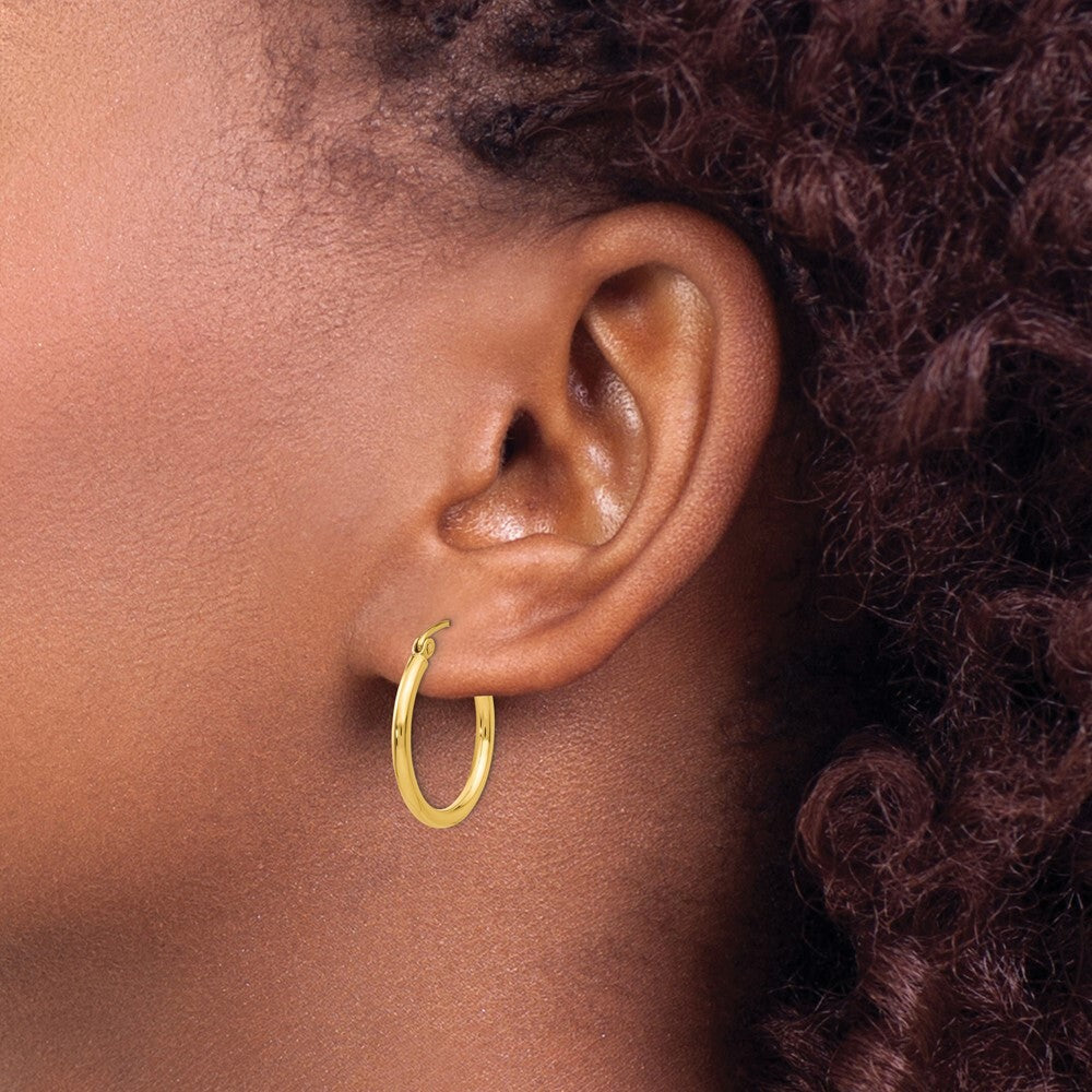14k Yellow Gold Polished 2x20mm Lightweight Tube Hoop Earrings Gift for Women