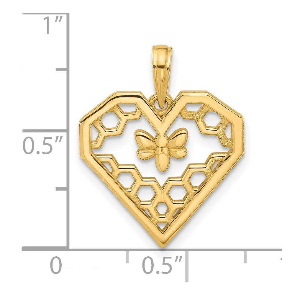 14k Yellow Gold Polished Fancy Heart and Bee Honeycomb Charm Pendant for Women