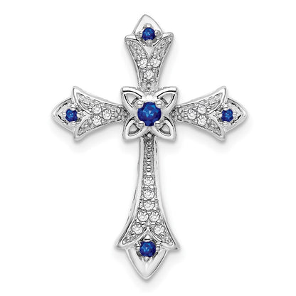 14k White Gold Sapphire and Diamond Fleur de Lis Cross Chain Slide Pendant