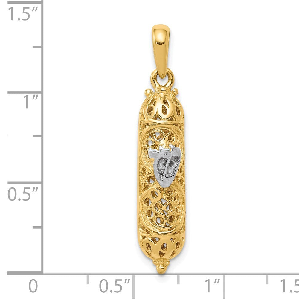14k Yellow Gold  White Rhodium 3D Mezuzah Shin Charm Pendant for Women