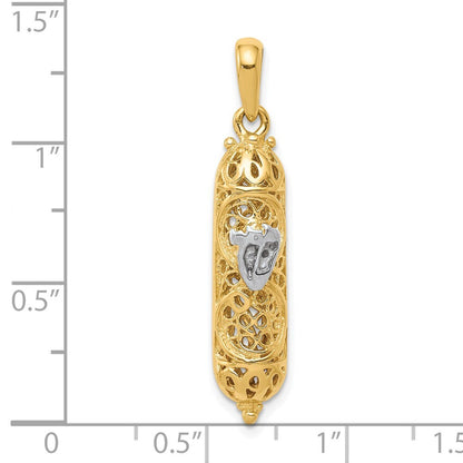 14k Yellow Gold  White Rhodium 3D Mezuzah Shin Charm Pendant for Women