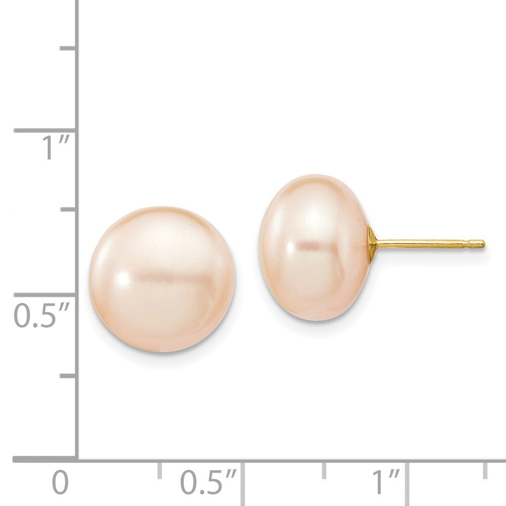 14k Yellow Gold 11-12mm Pink Button Freshwater Cultured Pearl Stud Earrings