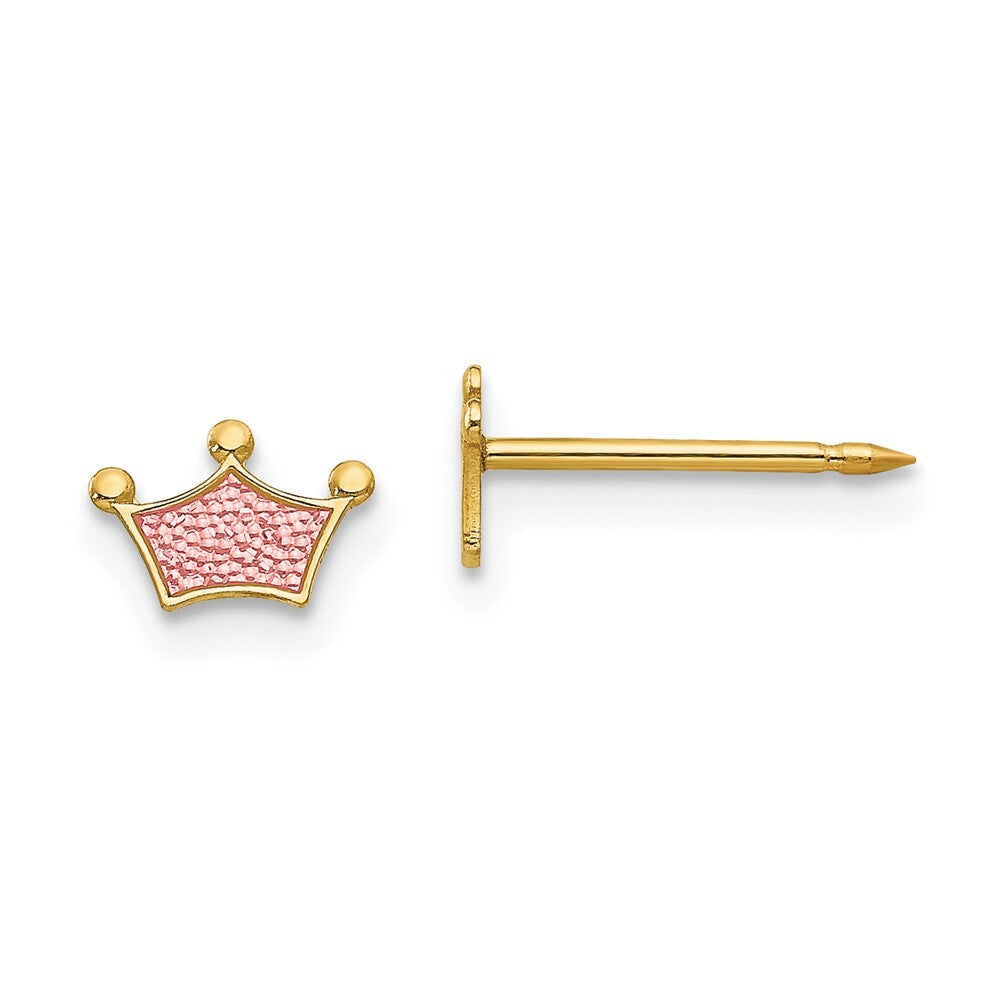 14k Yellow Gold Epoxy Fill Pink Crown Stud Earrings Gift for Women