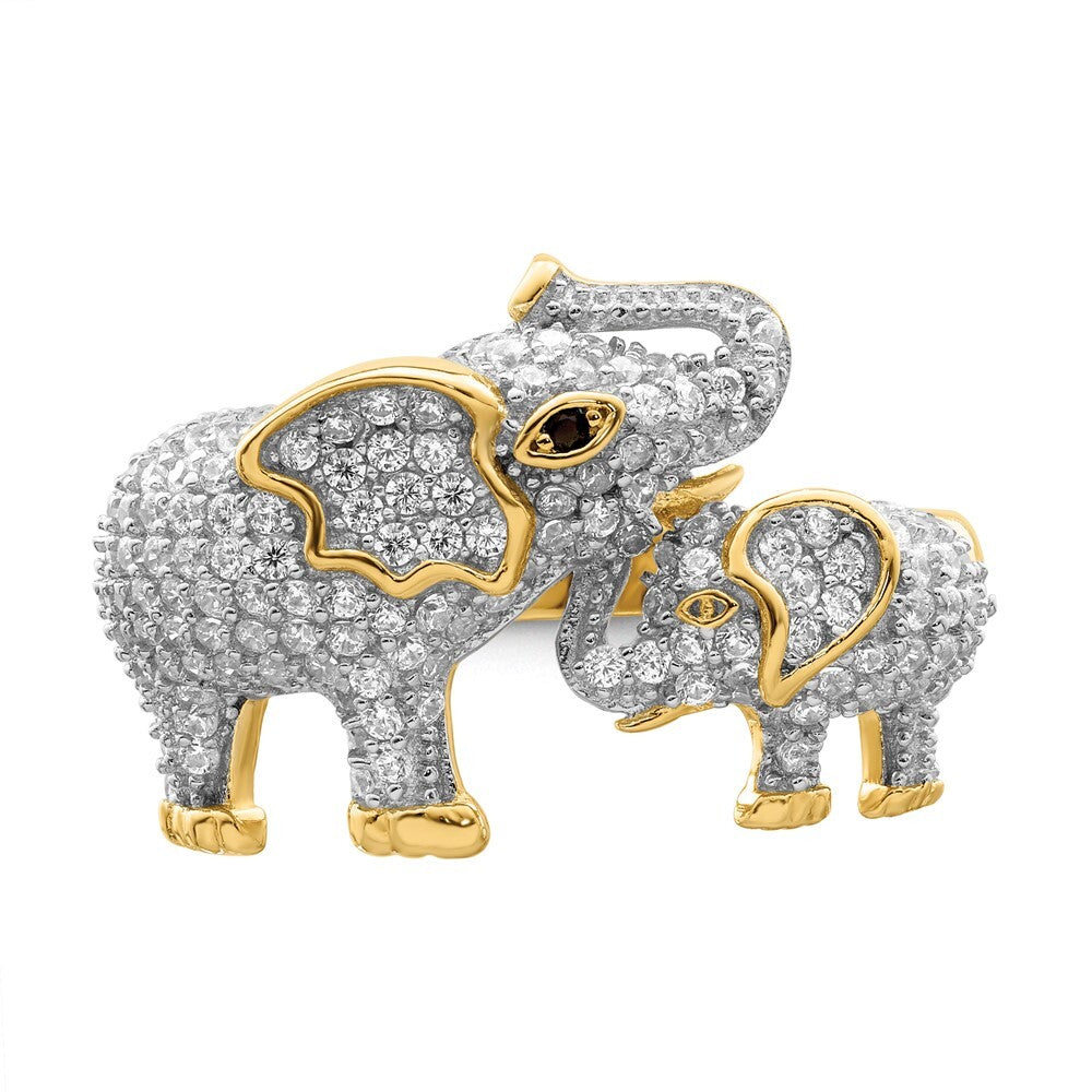 Sterling Silver Rhodium-plated Gold Tone Mom & Baby CZ Elephants Ring Size 6