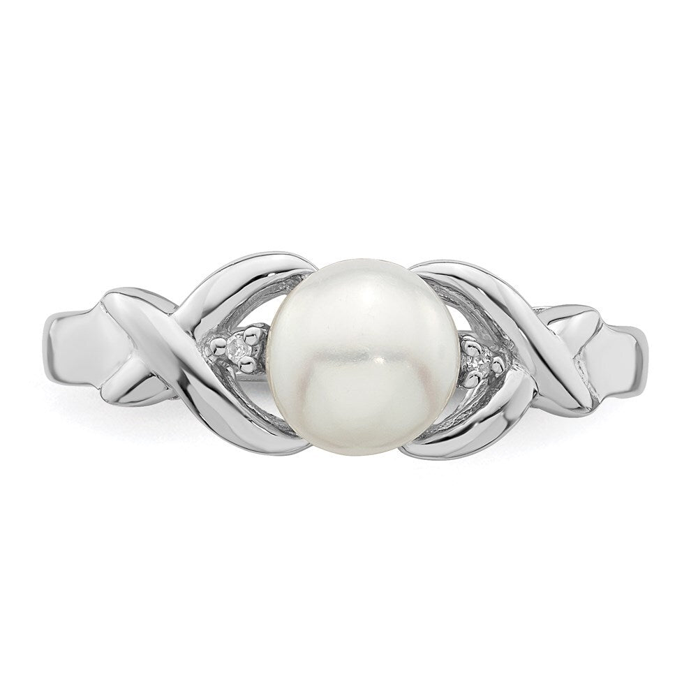 Sterling Silver Rhodium FW Cultured Button Pearl & Diamond Ring Size 7