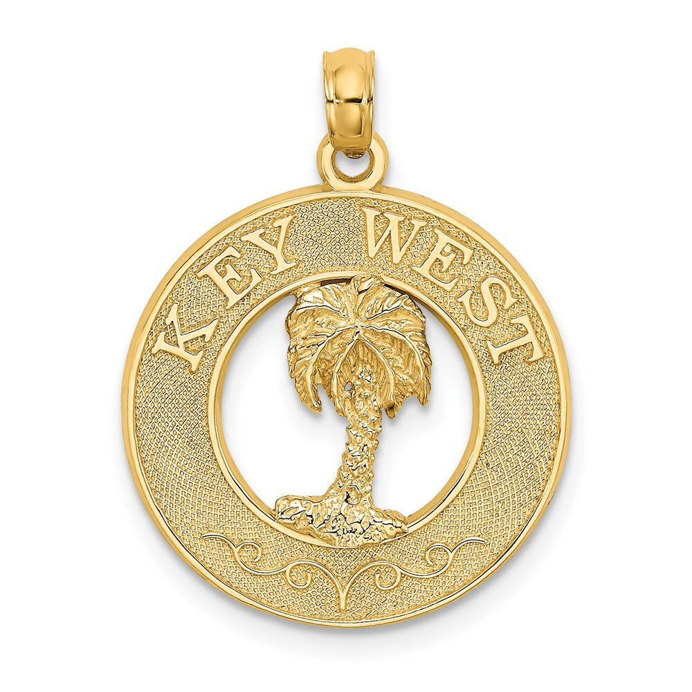 14k Yellow Gold KEY WEST Palm Tree Circle Charm Pendant for Women