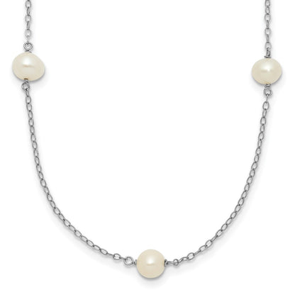14k White Gold 5-6mm White Round Cultured Pearl 7-Station Necklace 16"