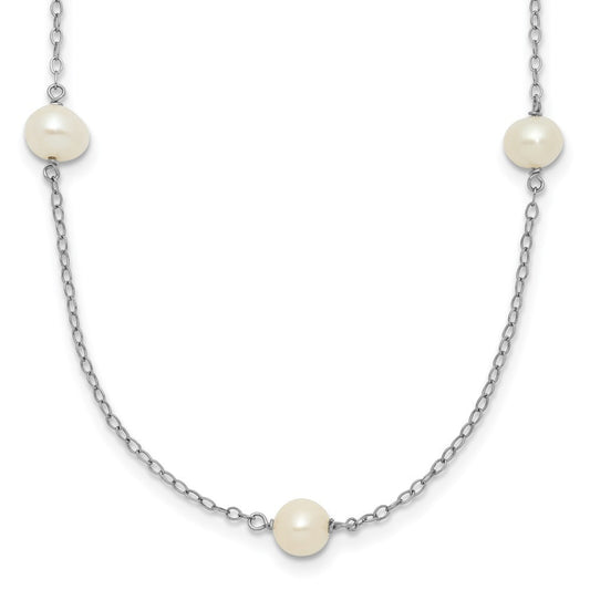 14k White Gold 5-6mm White Round Cultured Pearl 7-Station Necklace 16"