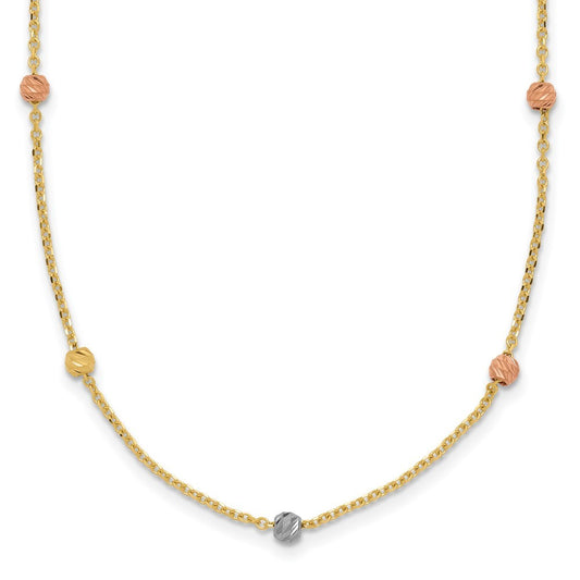 14k Tri-color Gold Polished & Diamond-Cut Beaded Necklace