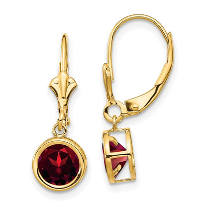14k Yellow Gold 6mm Garnet Dangle Earrings Leverback Gift for Women