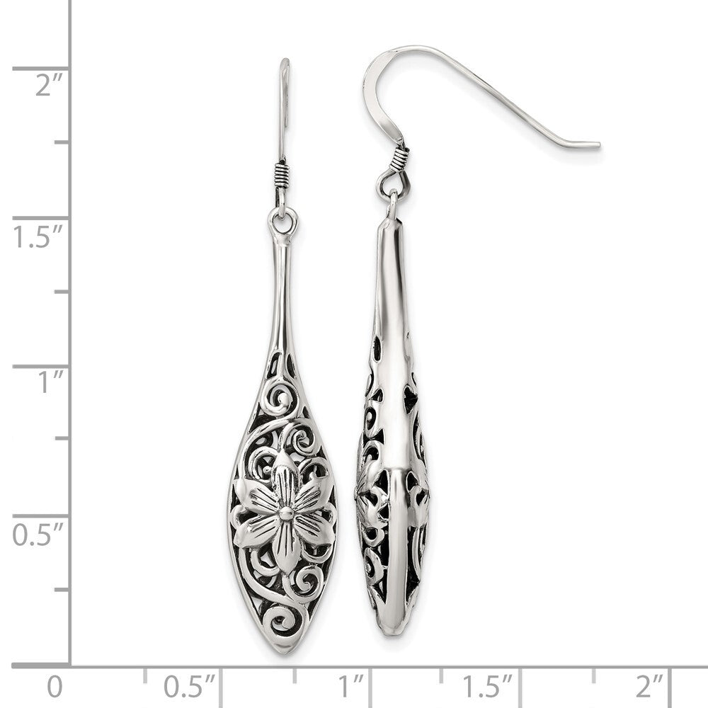 Sterling Silver Polished Antiqued Floral Teardrop Shepherd Hook Earrings